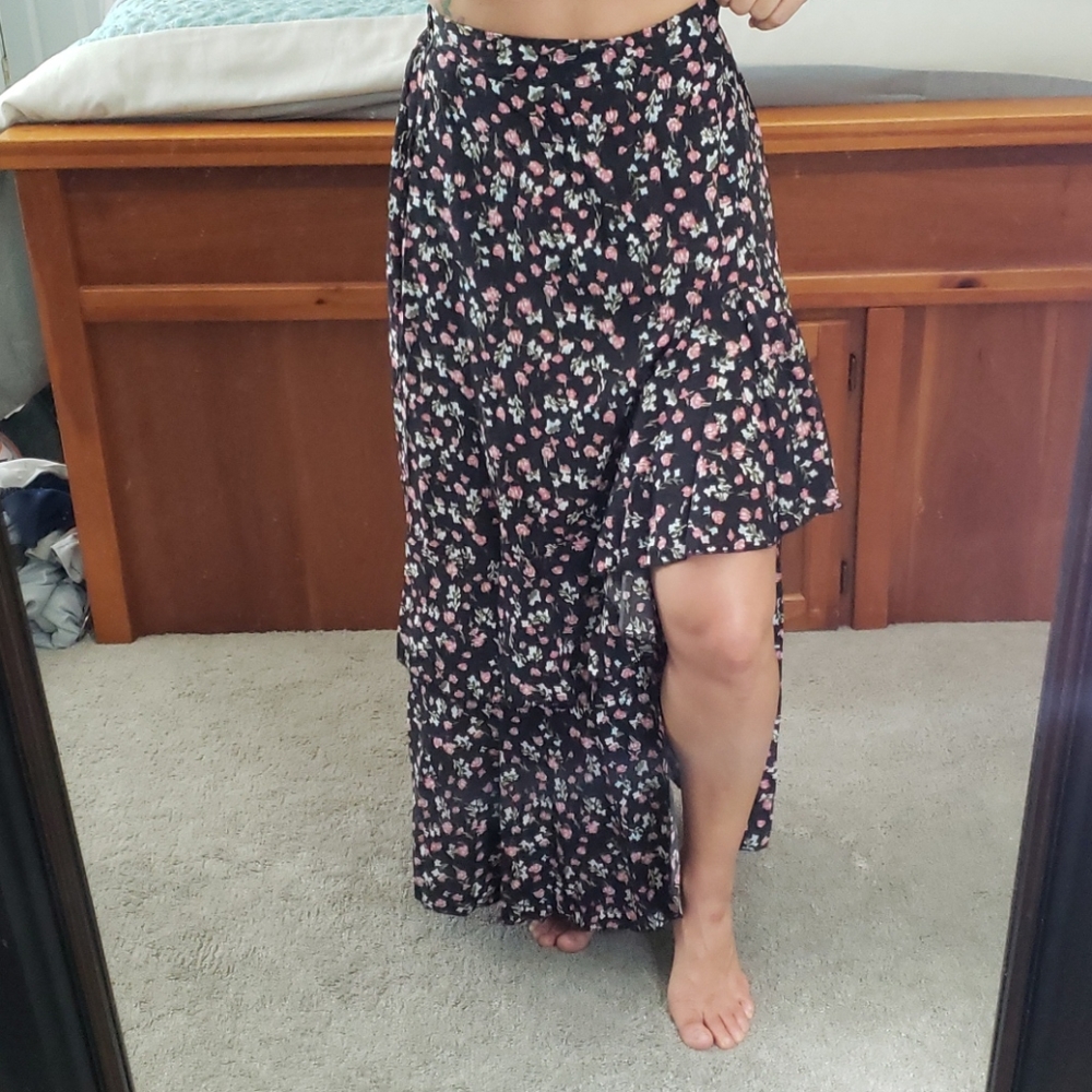 Black Floral Boho Skirt, Size S